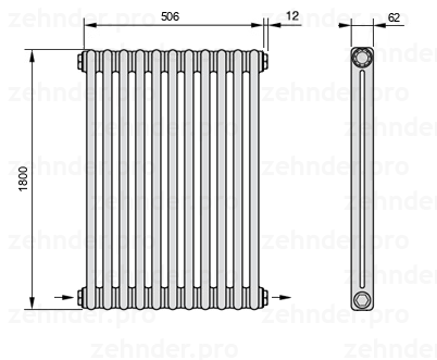 Схема (чертеж) Радиатор Zehnder Charleston 2180/11 №2670 Белый глянцевый RAL 9016